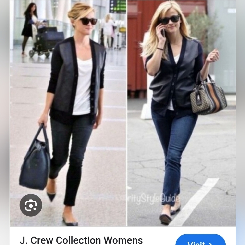 J.Crew Collection XS Black Merino Wool Leather Button Up Cardigan